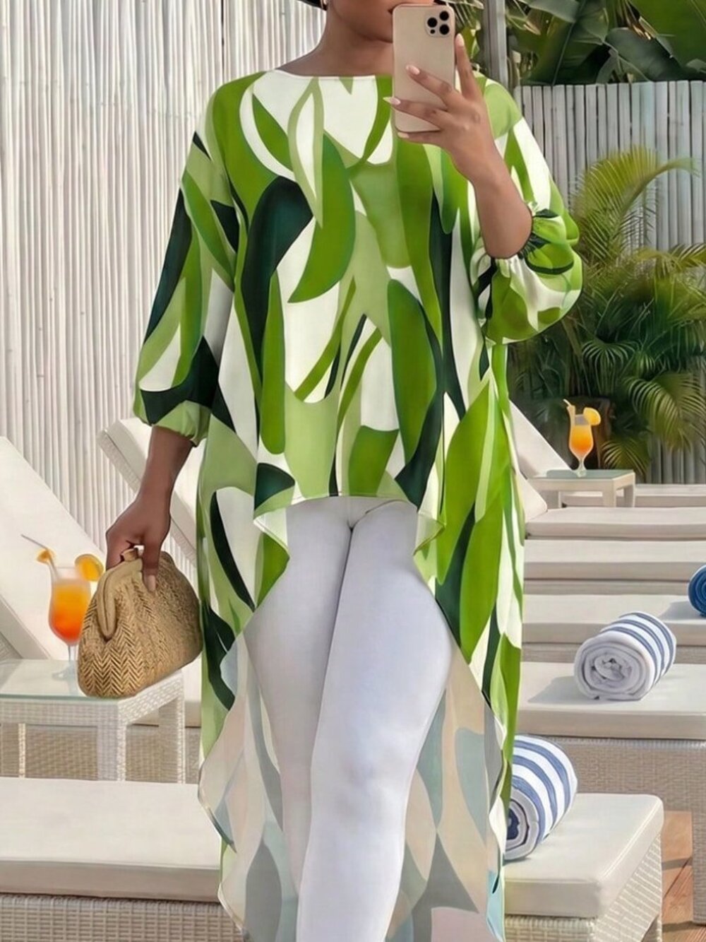 Green Boho Women's Casual Plus Size Woven Tunic Blouse - Picture 5 of 5